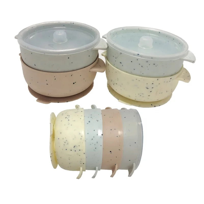 Custom Suction Speckle Silicone Baby Bowl Feeding BPA-Free Silicone Kids Suction Bowl Slip Resistant Learning Tableware Set