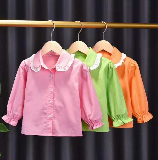 Newly Summer Autumn Baby Girl Turn Down Collar With Lace Trim Long Sleeve Little Girl Casual Wear