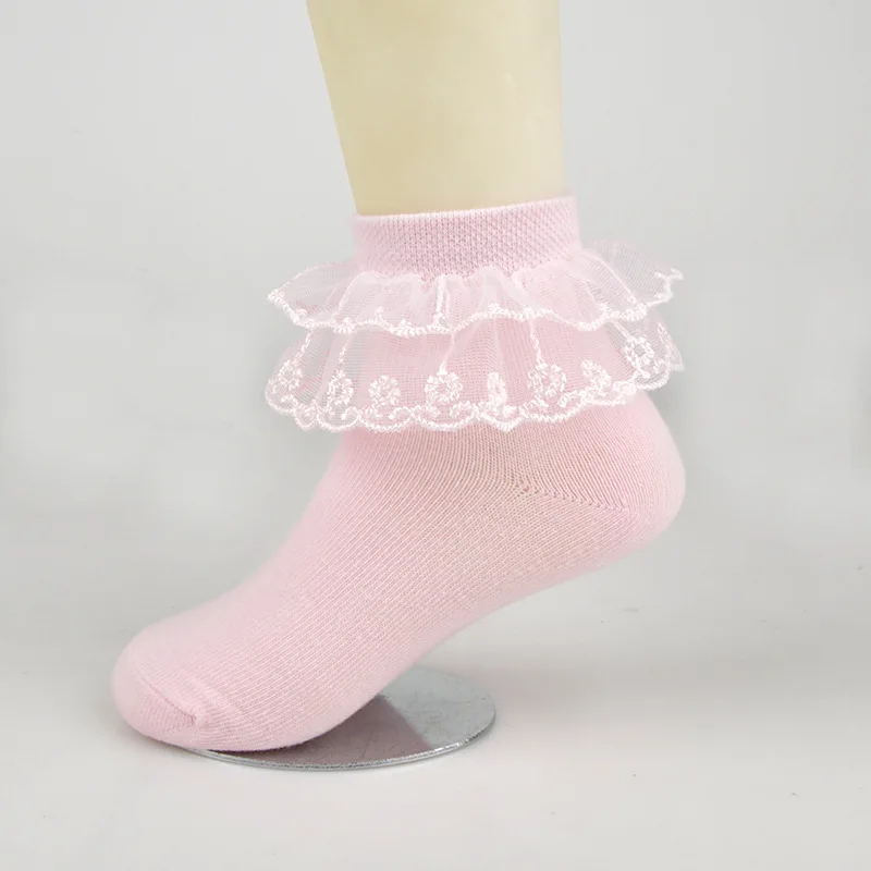 wholesale children cute double lace kids socks 100% cotton school teen socks crew white girls sock