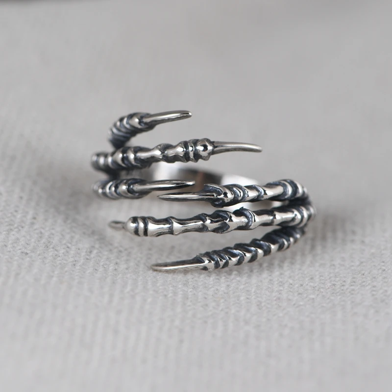 Wholesale real S925 Sterling Silver punk fashion Eagle Claw design adjustable jewelry ring for men and women