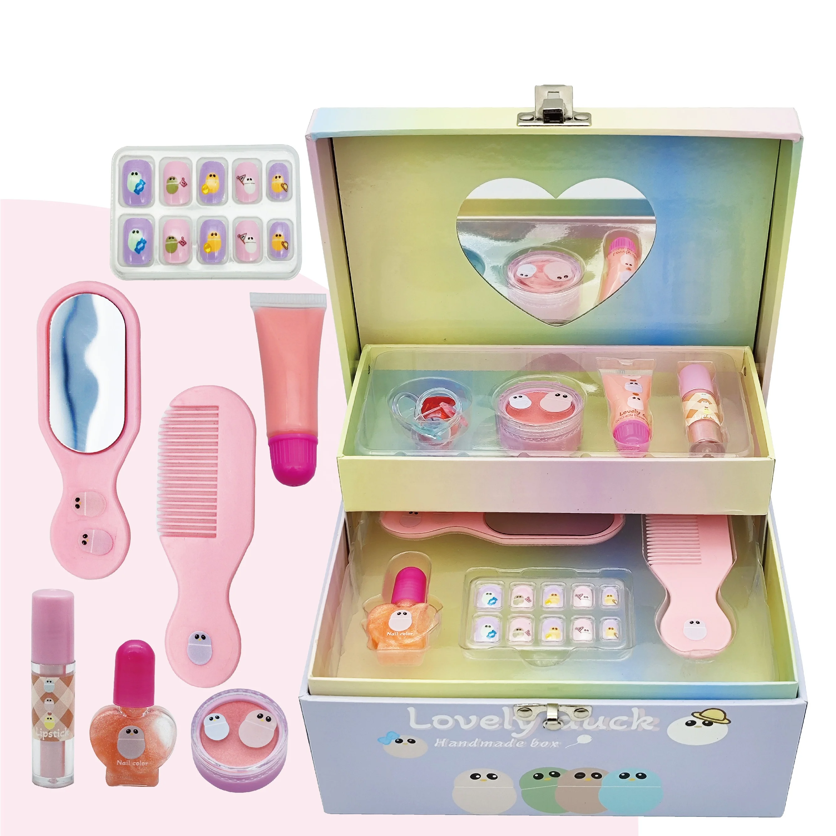 Детский набор для макияжа, тени для век, помада, карандаш для бровей, блеск для губ, Кисть для макияжа, пудра, лак для ногтей с сумкой для макияжа для детей