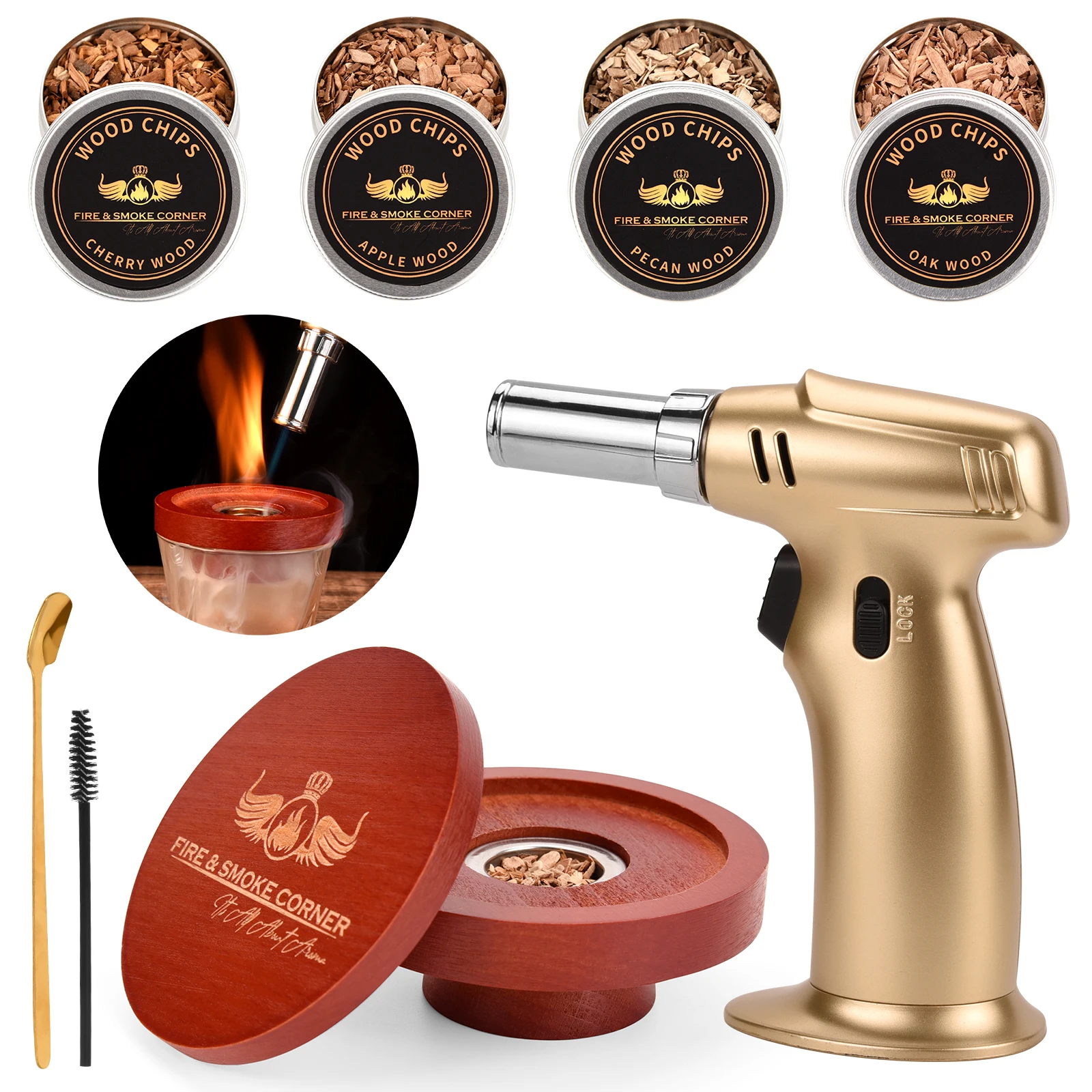 WEIBU Hot Selling bar Tools Cocktail Whiskey Wood Smoker Kit with Torch Old Fashion  Wood Smoker Gift Set for Father