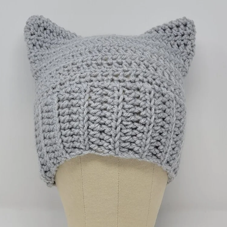 F9266 new green color cat ear pattern beanie custom woolie acrylic hat chunky warm women handmade square hat for gifts