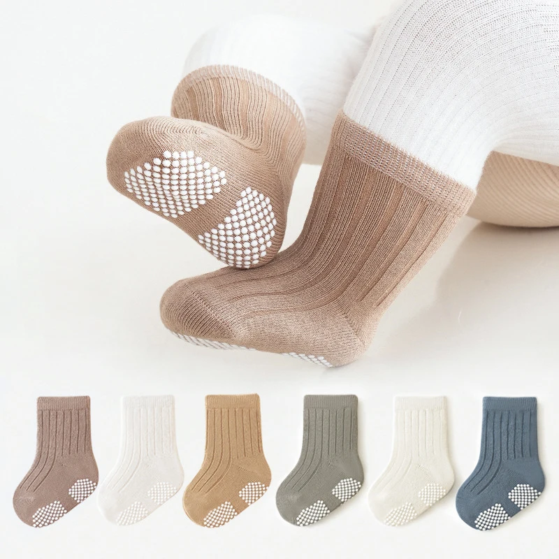 3 Pairs/Set Baby Socks Wholesale Solid Color Cartoon Mid-Tube Non-Slip Elastic Floor Socks Newborn Baby Cotton Grip Sock Set