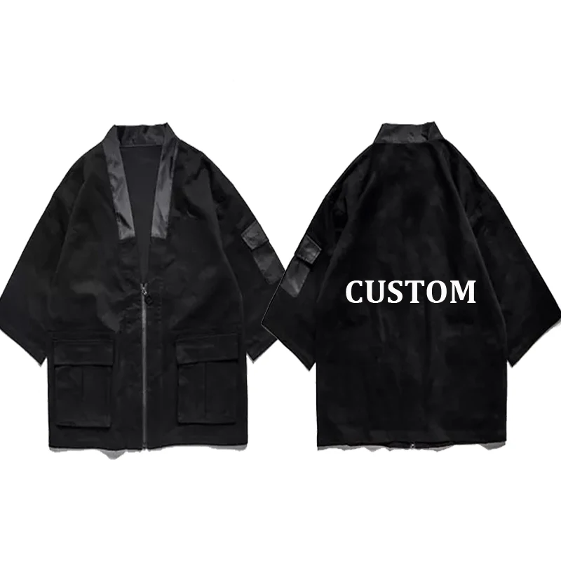 Wholesale Japanese Short Sleeves V-neck Zipper Up Jackets Male Front Pockets Kimono Streetwear Lightweight Windbreaker
