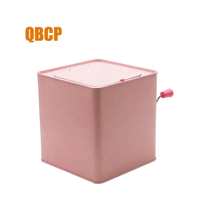 square shape hand crank music tin box with plush toy inside