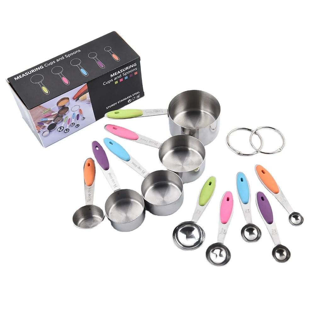 Hot sale cheap promotional 10pcs stainless steel spoons and measuring cup with silicone handle