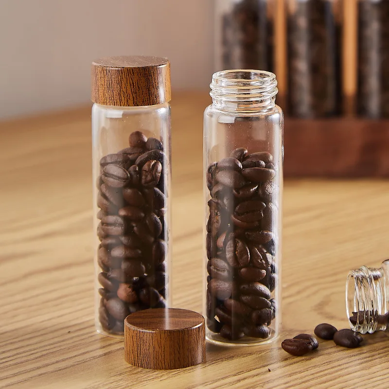 Airtight Sealed Glass Coffee Beans Storage Containers with Shelf Single Dose Foods Storage Tubes One-Way Valve Glass Tube