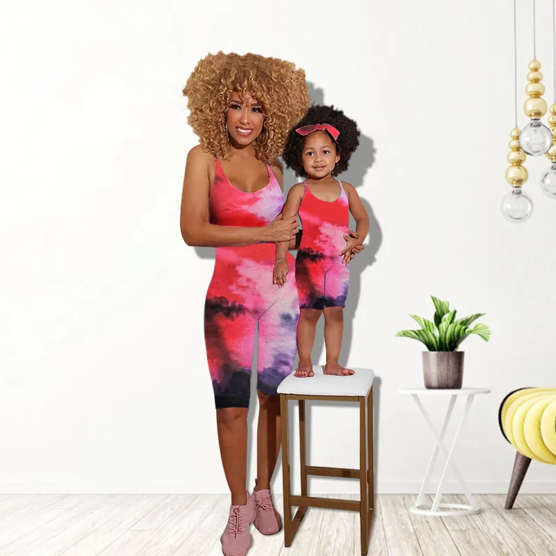 sleeveless plus sling tie dye print mommy and me onesie one piece jumpsuit family matching