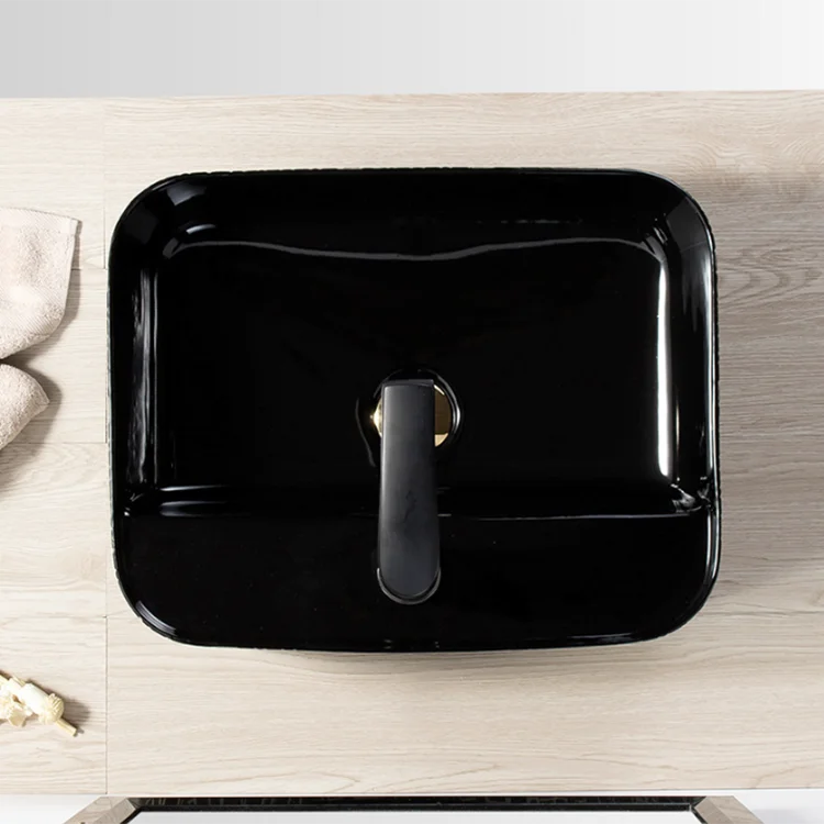 High-end sanitary ware glossy black washbasins countertop hand wash basin modern ceramic bathroom sink