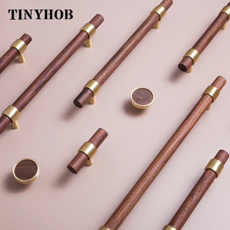 Walnut Elm T Bar Knob Furniture Cabinet Wardrobe Door Handle and Knob C-2037 Arrival Brass New Modern Brass+walnut