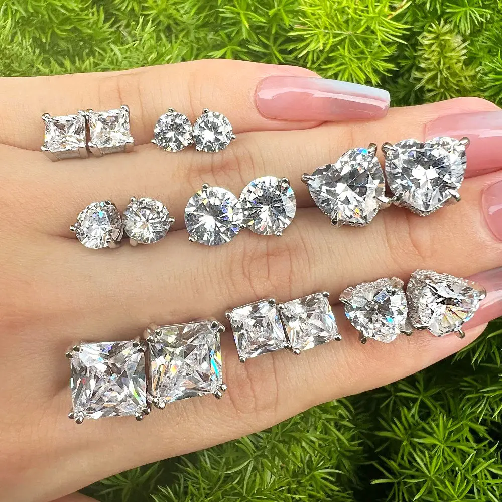 2024 TOP PICK Valentine Day Anniversary Gift S925 Silver Rhodium Plated Heart Square Round Diamond 5A Zirconia Stud Earrings