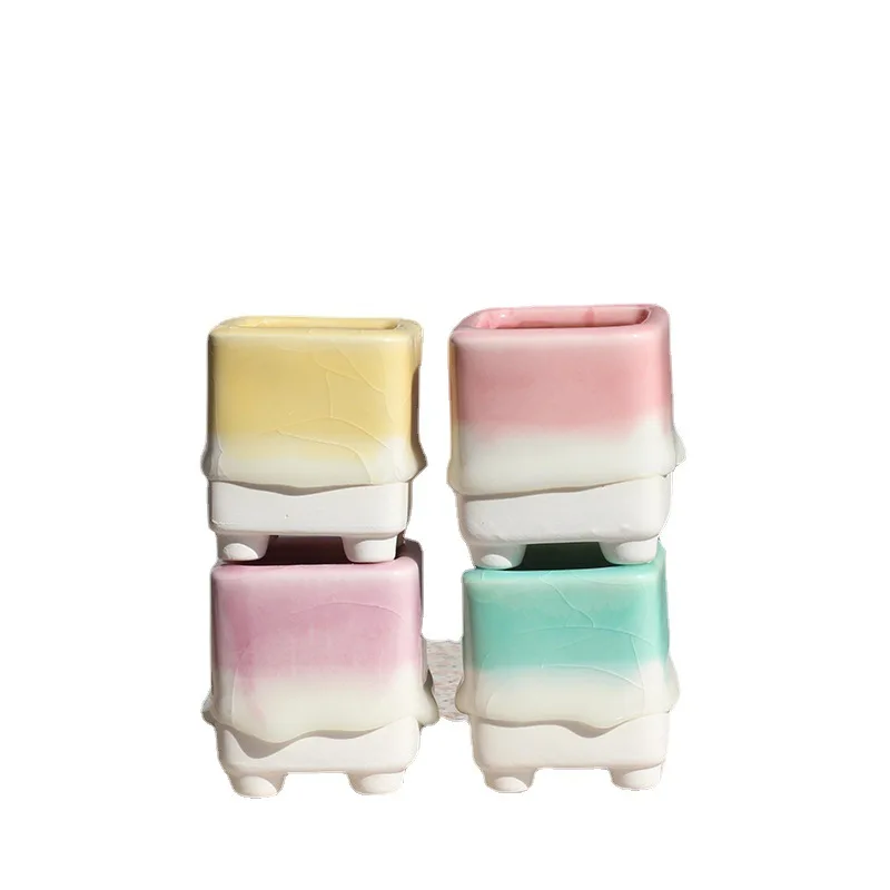 2024 Ceramic Ice Crack Flow Glaze Creative Square Small Flower Pot,lovely fleshy plant basin porcelain planter succulent flowerpot