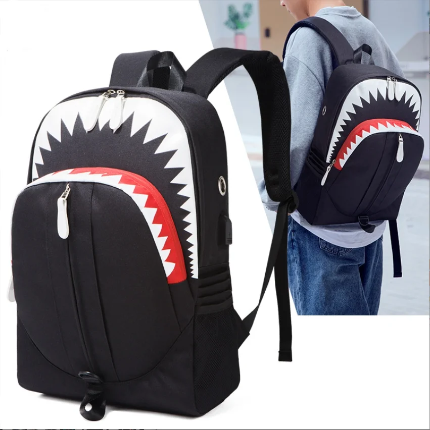 Polyester USB Charging Waterproof Luminous Bag School Back Pack Boys Shark Mouth Reflective Stylish Laptop Backpack