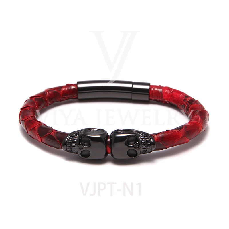 
Stylish Genuine Python Leather with Skull Bracelet magnet clasp For Gift 