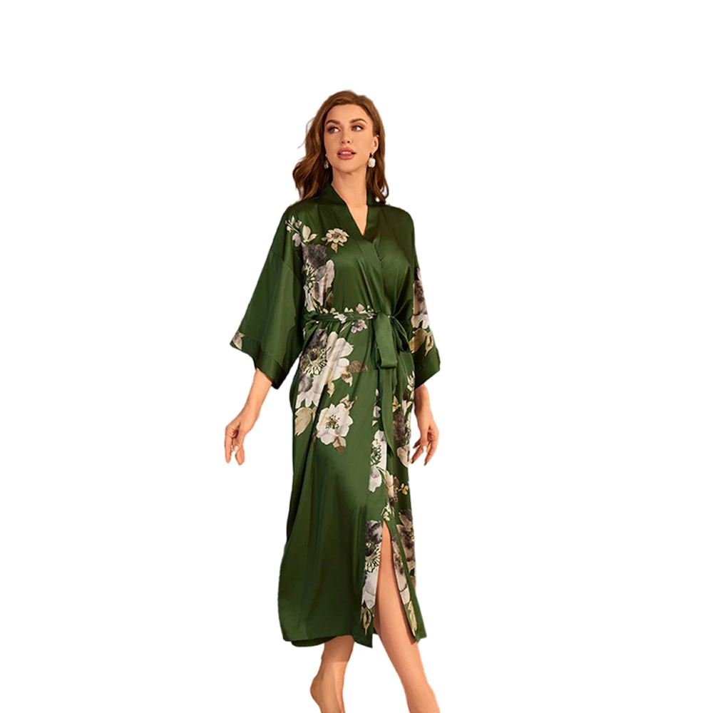 women luxury  satin night- robe dressing gown  with printed flowers