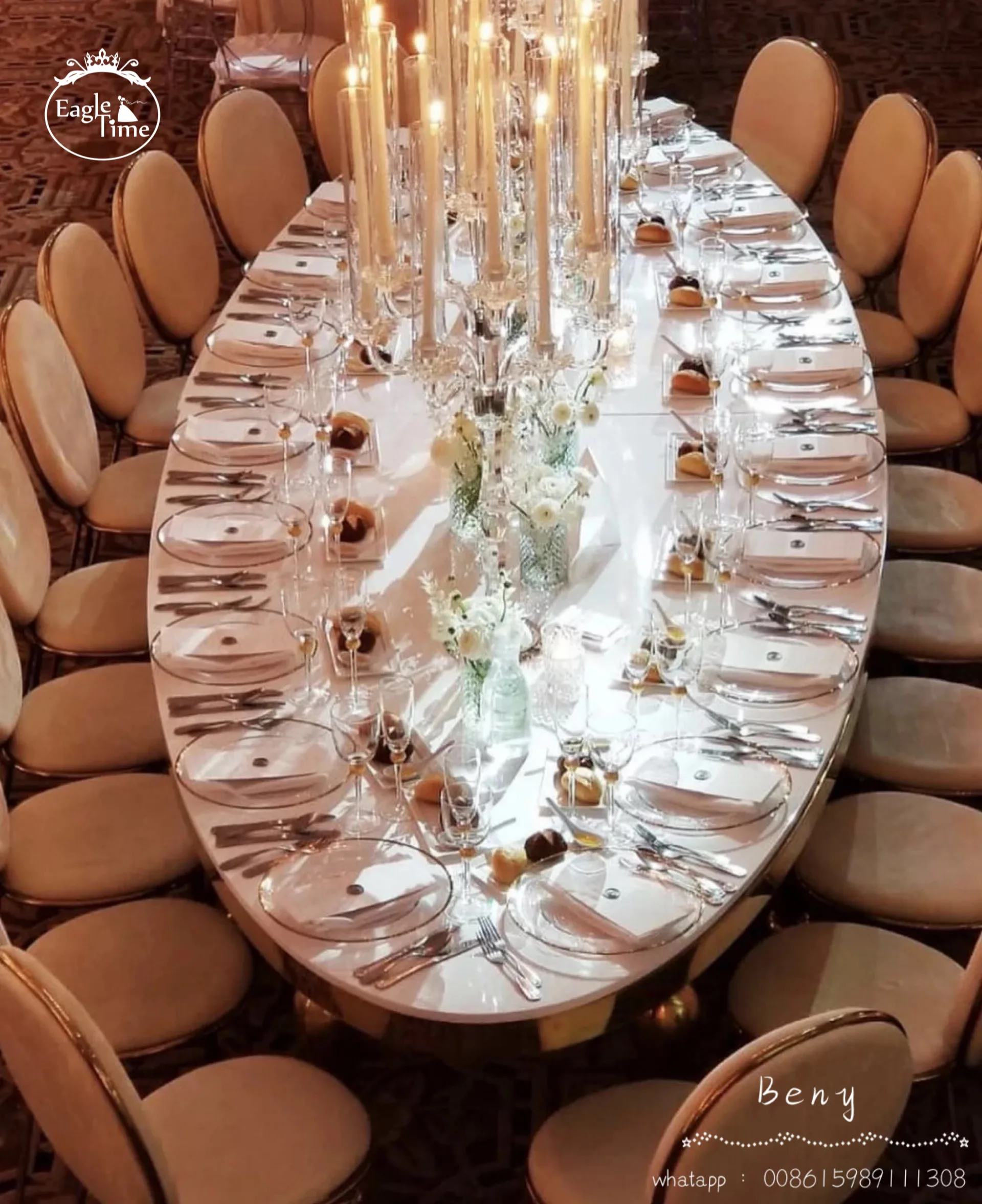 Wholesale Modern Gold Stainless Steel Glass Oval Table for Dining Banquets Parties Weddings Hotel Use