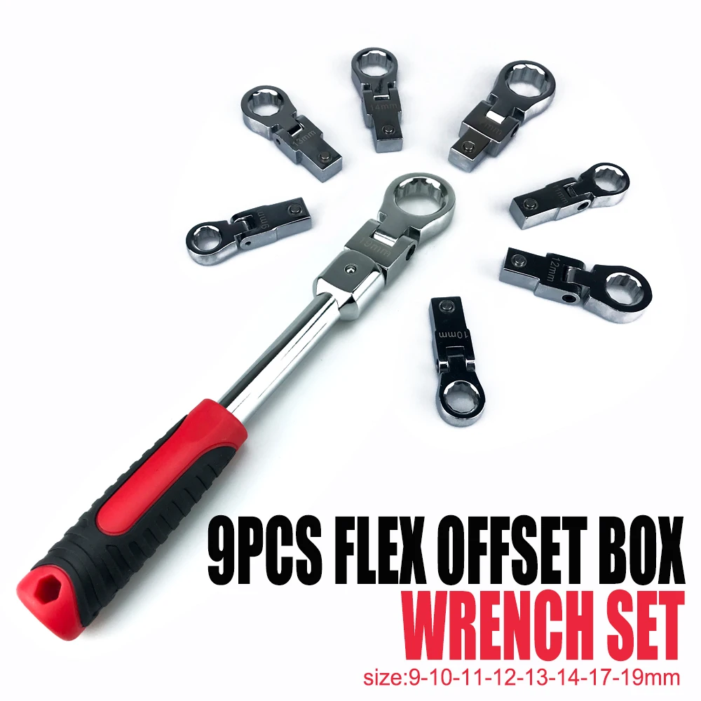9-piece Set Movable head Wrench 180-degree Shaking Head Interchangeable Plum Wrench Rotating Gear Wrench Portable Repair Tool