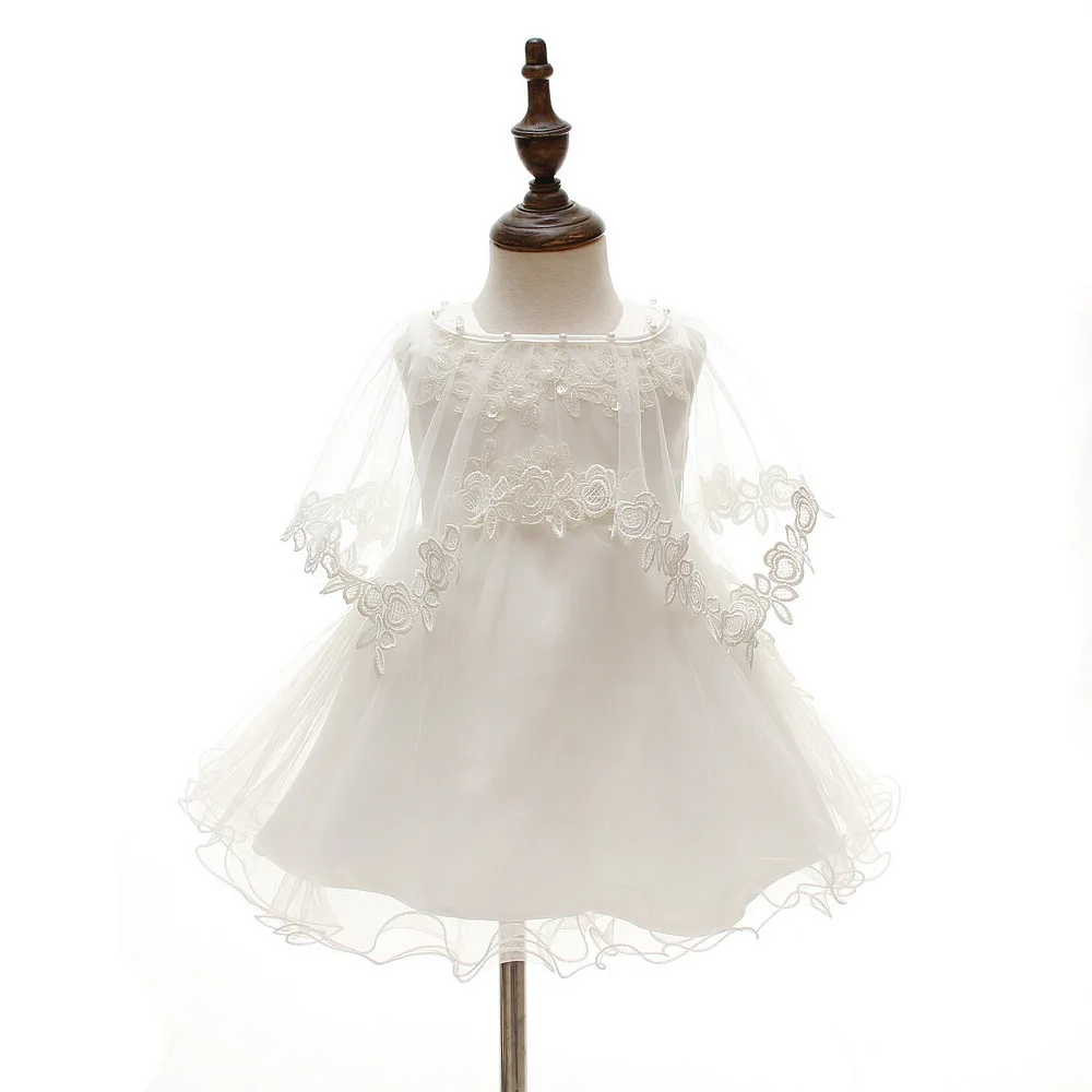 Fashion White Lace Net Yarn Sleeveless Babies Baptism Dresses 6-12 Months Old