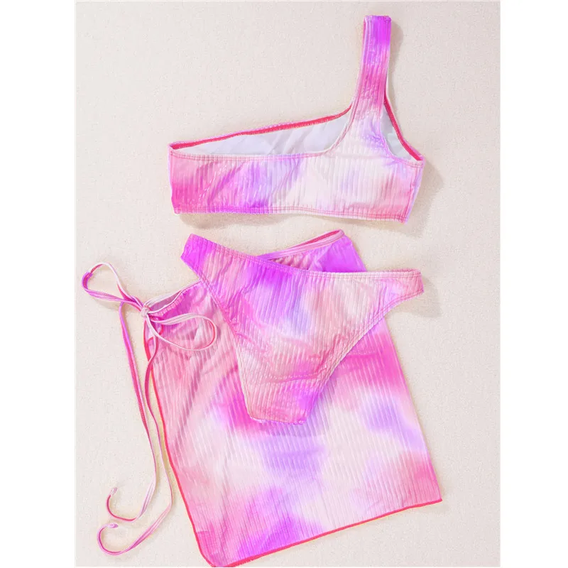 Wholesale Europe America Women Tie-dye Printed Ribbed Velvet One Shoulder Cover Up 3 Pieces Swimwear Set Sexy Bikini Bathe Suits