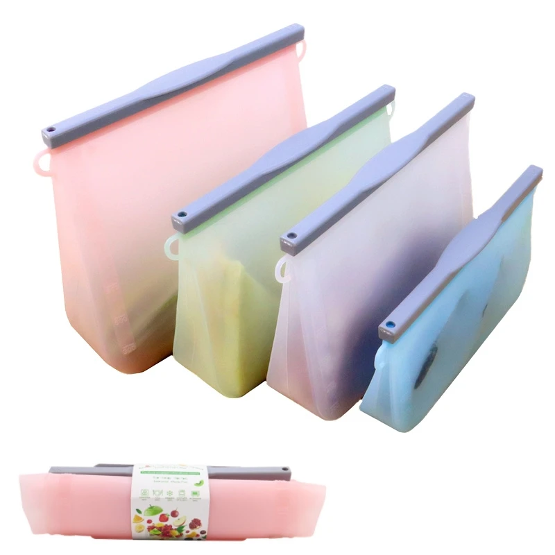 Custom Leakproof Food Grade Silicon Stand Up Zipper Pouch Reusable Silicone Zip Lock Food Freezer Storage Bags for Packing Food