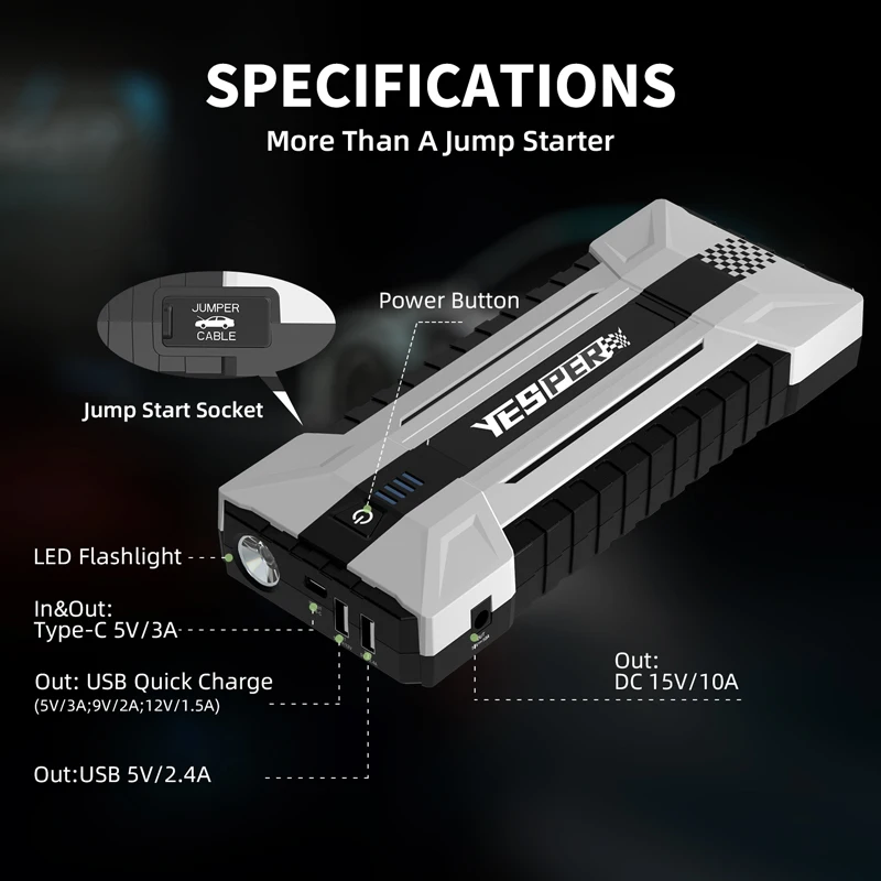yesper Speed 2160A Peak Current portable 12V Car booster Emergency Lithium Battery Jump Starter for pickup