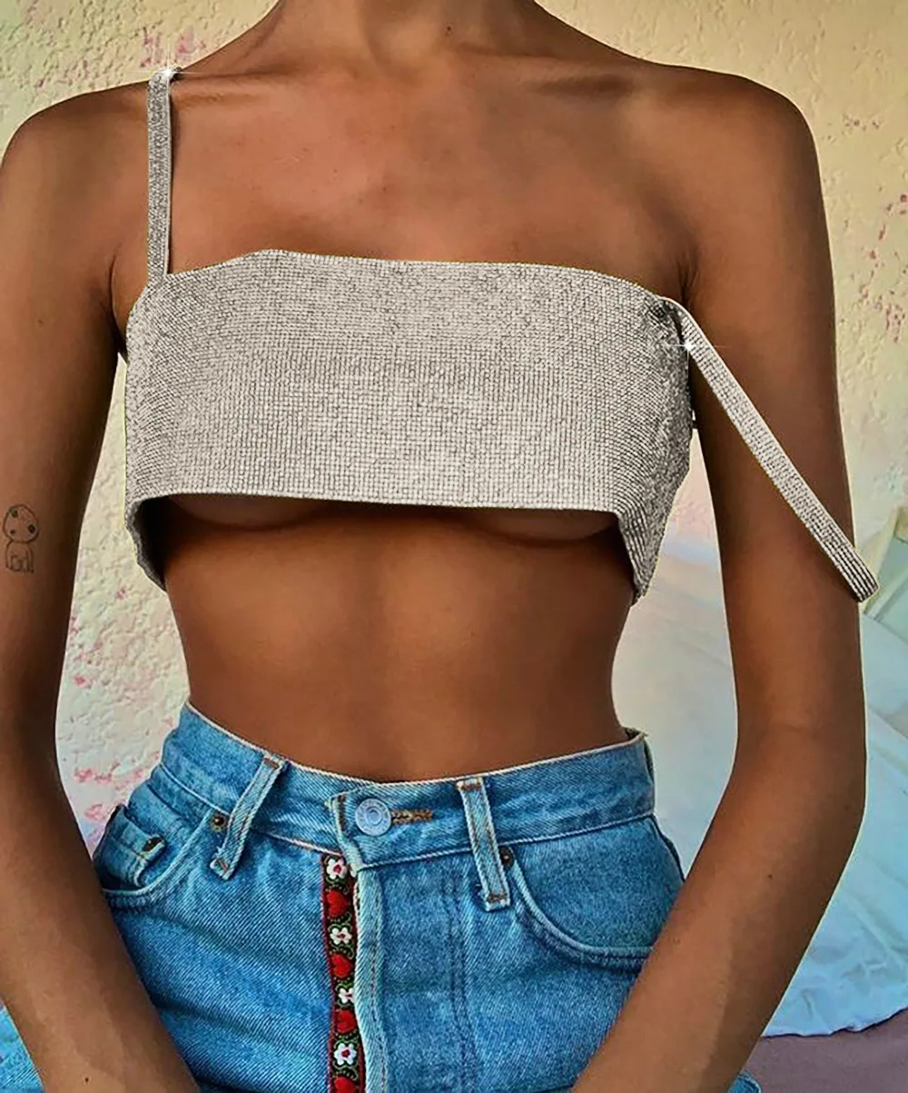 2021 потрясающий укороченный топ со стразами Женский бюстье без рукавов на бретелях Клубная майка одежда для вечеринки и