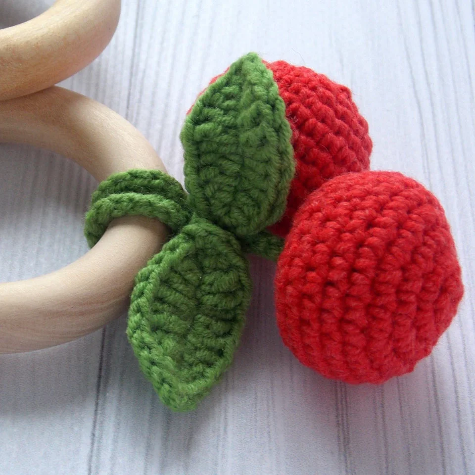 Crochet cherry rattle 1st birthday fruit crochet rattle with ring first toy amigurumi food developing toy easter basket