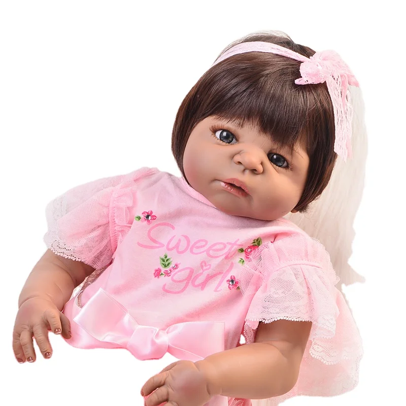 Realistic Indian Baby Doll 22' Girl Black Skin Reborn Baby Doll Toy Full Silicone Body Handmade Ethnic Dolls For kids Xmas Gift