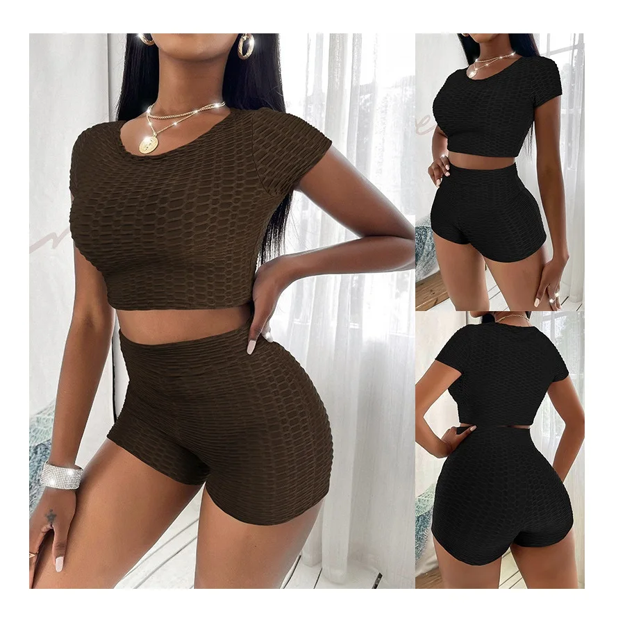 
YR001 Custom Solid Color High Waist Crop Top Scrunch Butt Leggings Two Piece Jogger Yoga Set Women 