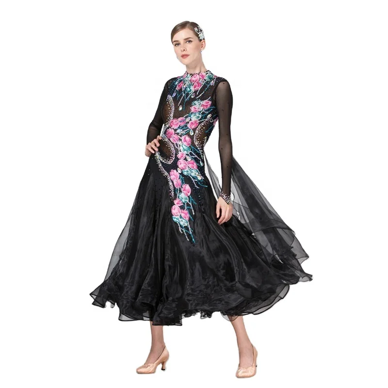 B-16492 Adult competition classy ballroom dance dress black performance ballroom dance costumes for women