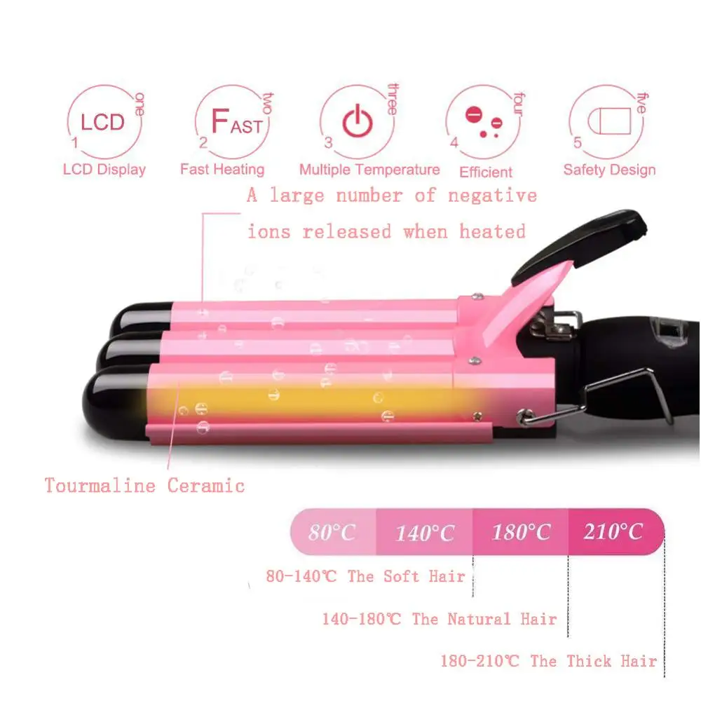 Home use private label three barrel ceramic Ionic big wave curler automatic LCD pink hair waver hair curler