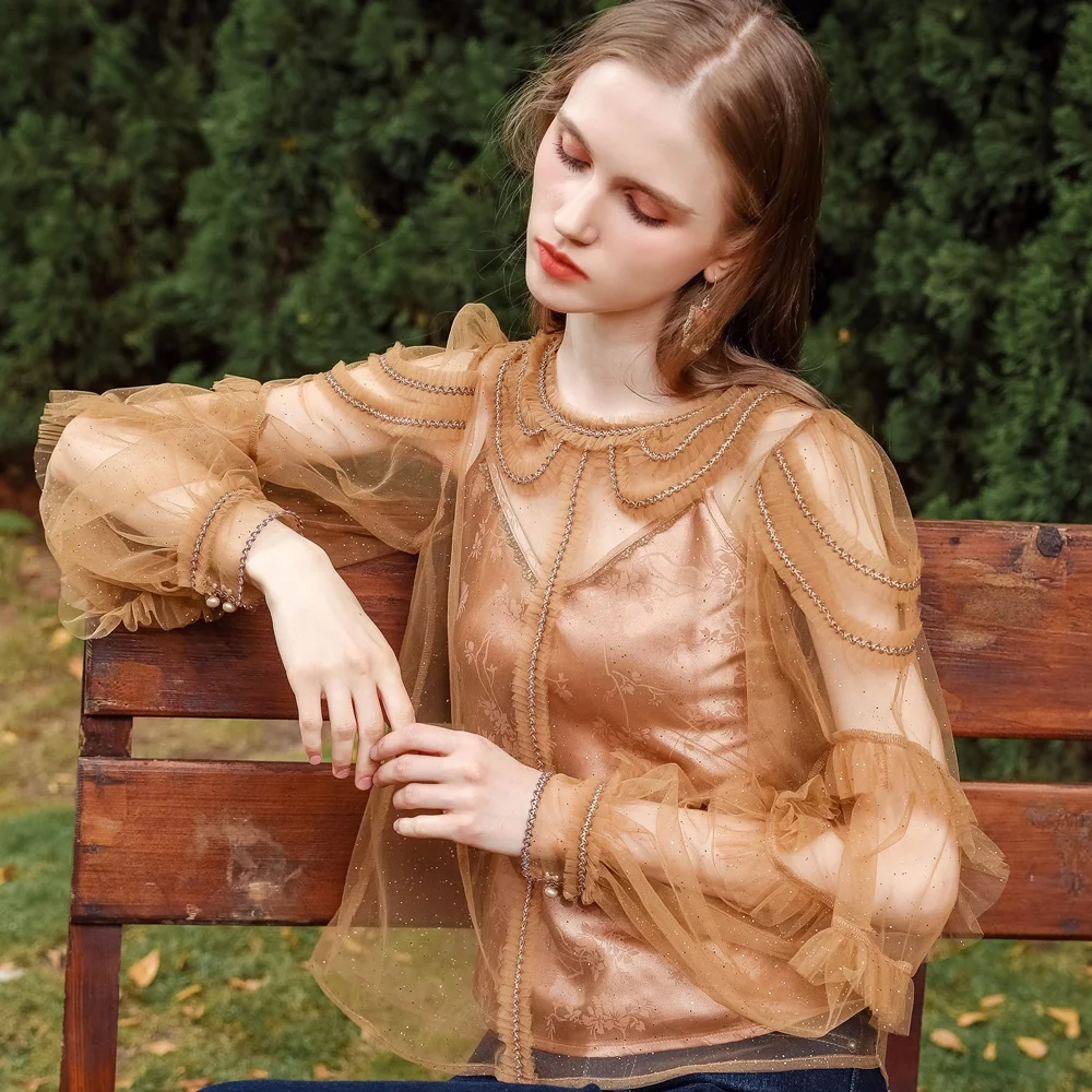 Elegant Vintage Casual Ladies Tops Shirts Long Sleeve Lace Appliques Sheer Tops