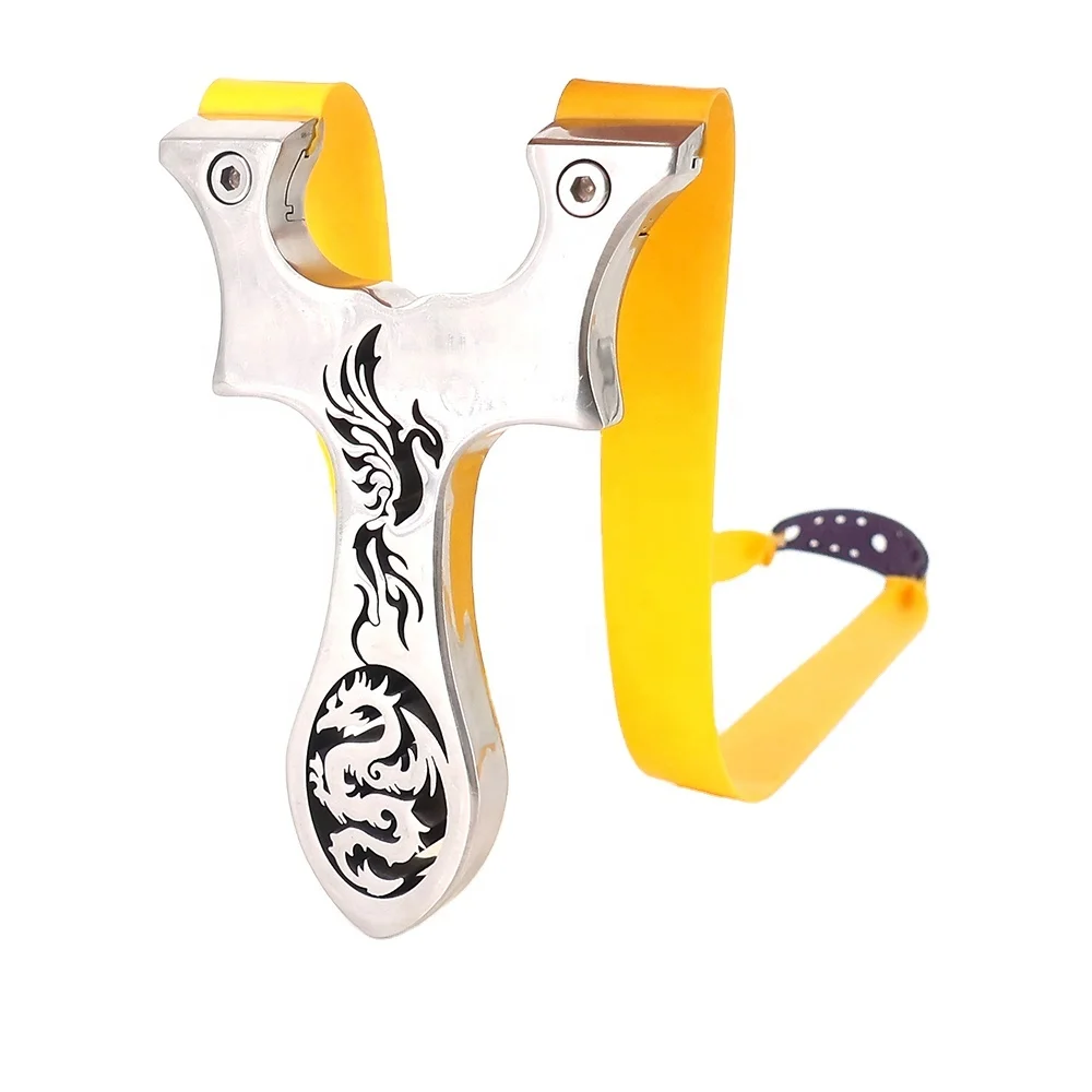 Powerful Shining Stainless Steel Mental Slingshot Mirror Polished Sling Catapult with Flat Rubber Band for Hunting Shooting