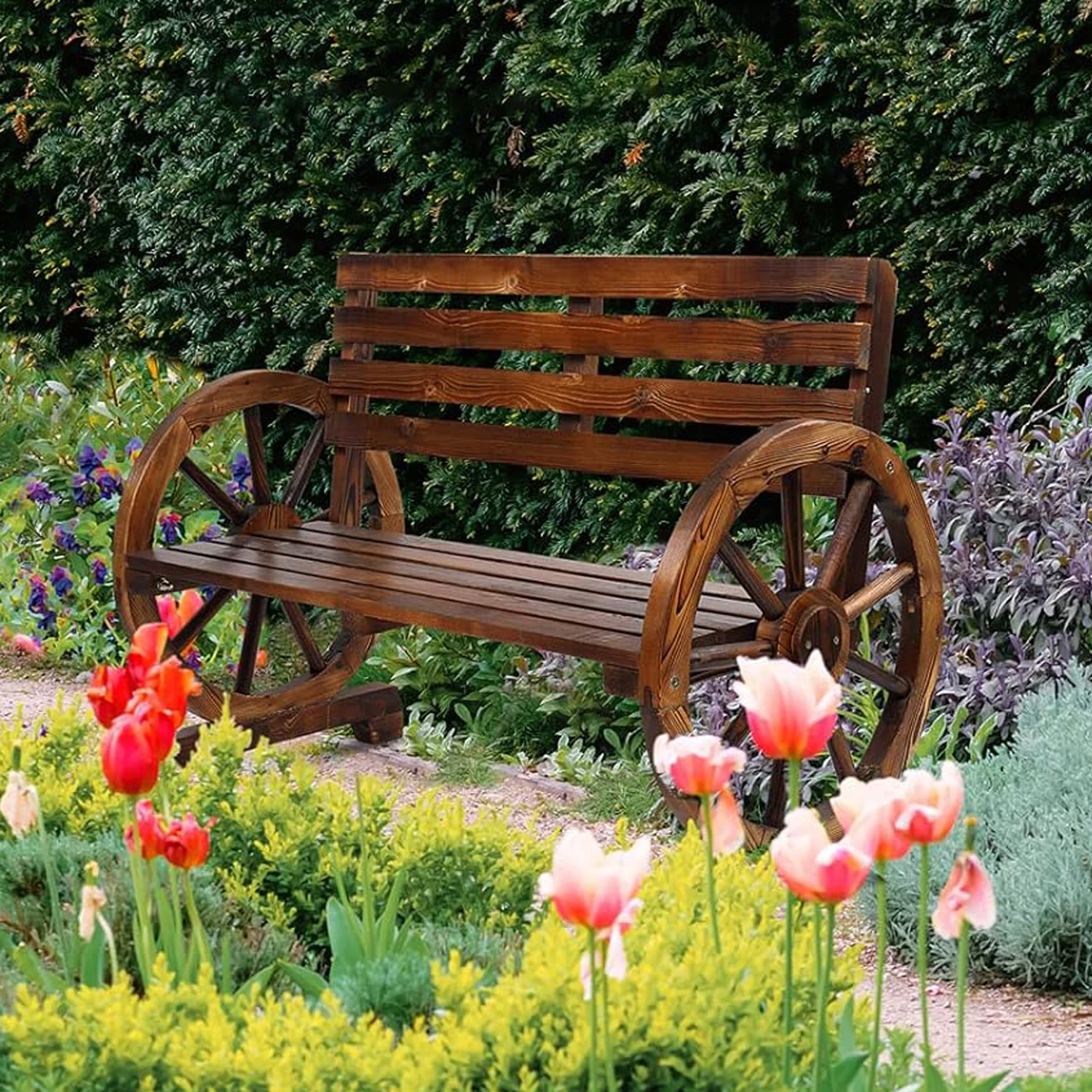 Rustic Wooden Wheel Outdoor Bench 2-Person Patio Garden Bench