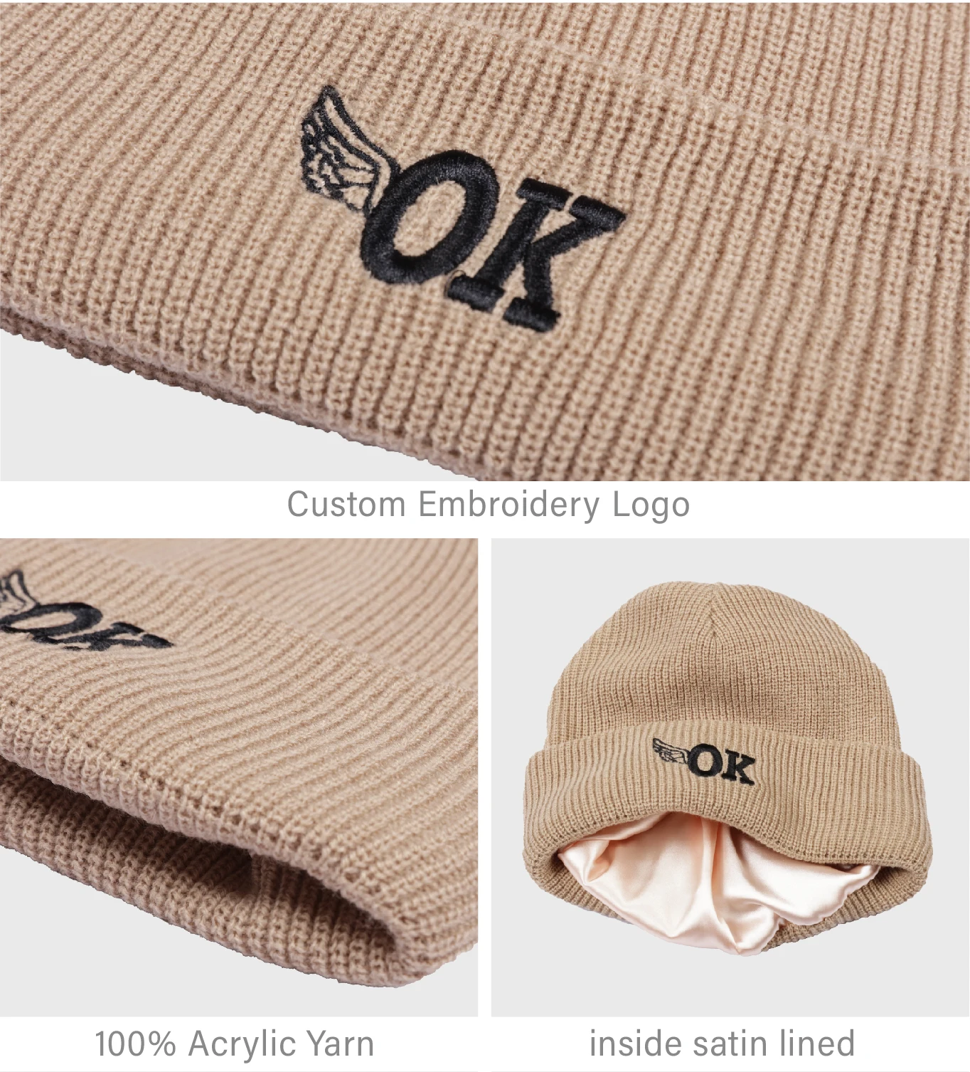 New Design Custom Logo Knitted Winter Hats Satin Lined Wholesale Blank Acrylic Unisex Beanie