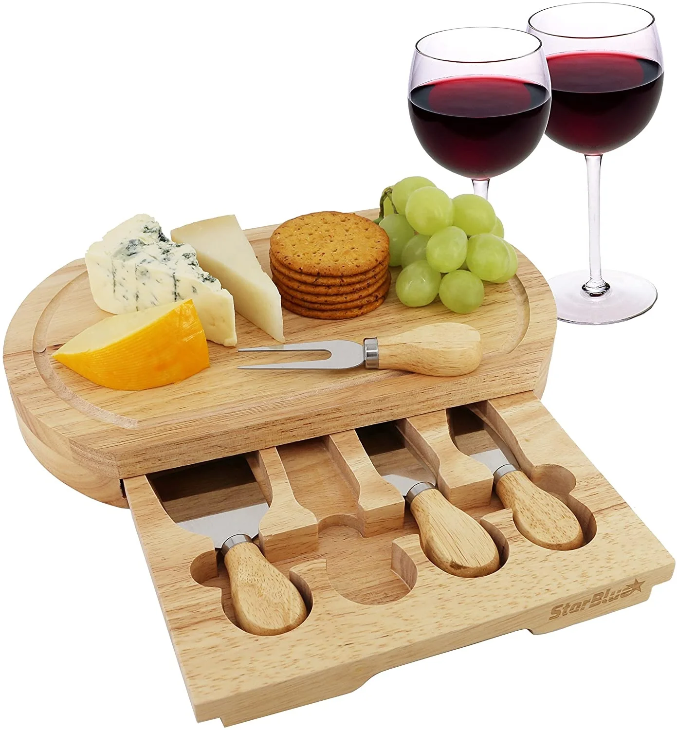Cheese Board Set by StarBlue - with 4 Knives and Slide Out Drawer | Large Oak Wooden Cheese and Platter Cutting Serving Plate