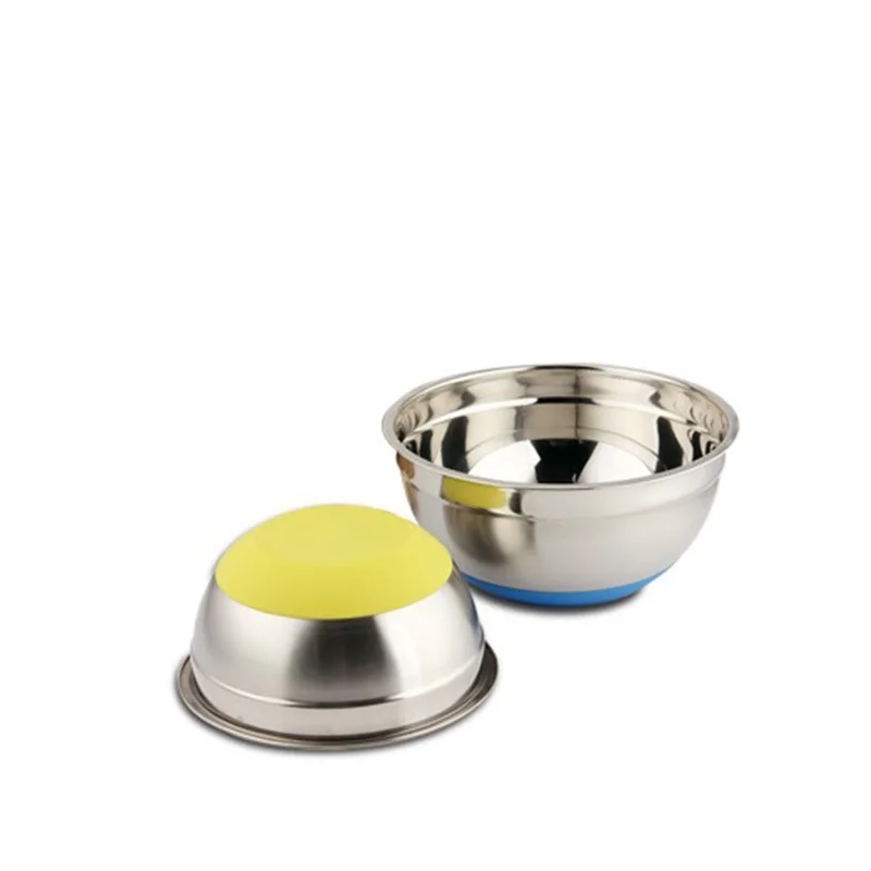 Non-skid stainless steel mixing salad bowl with silicone bottom & lid