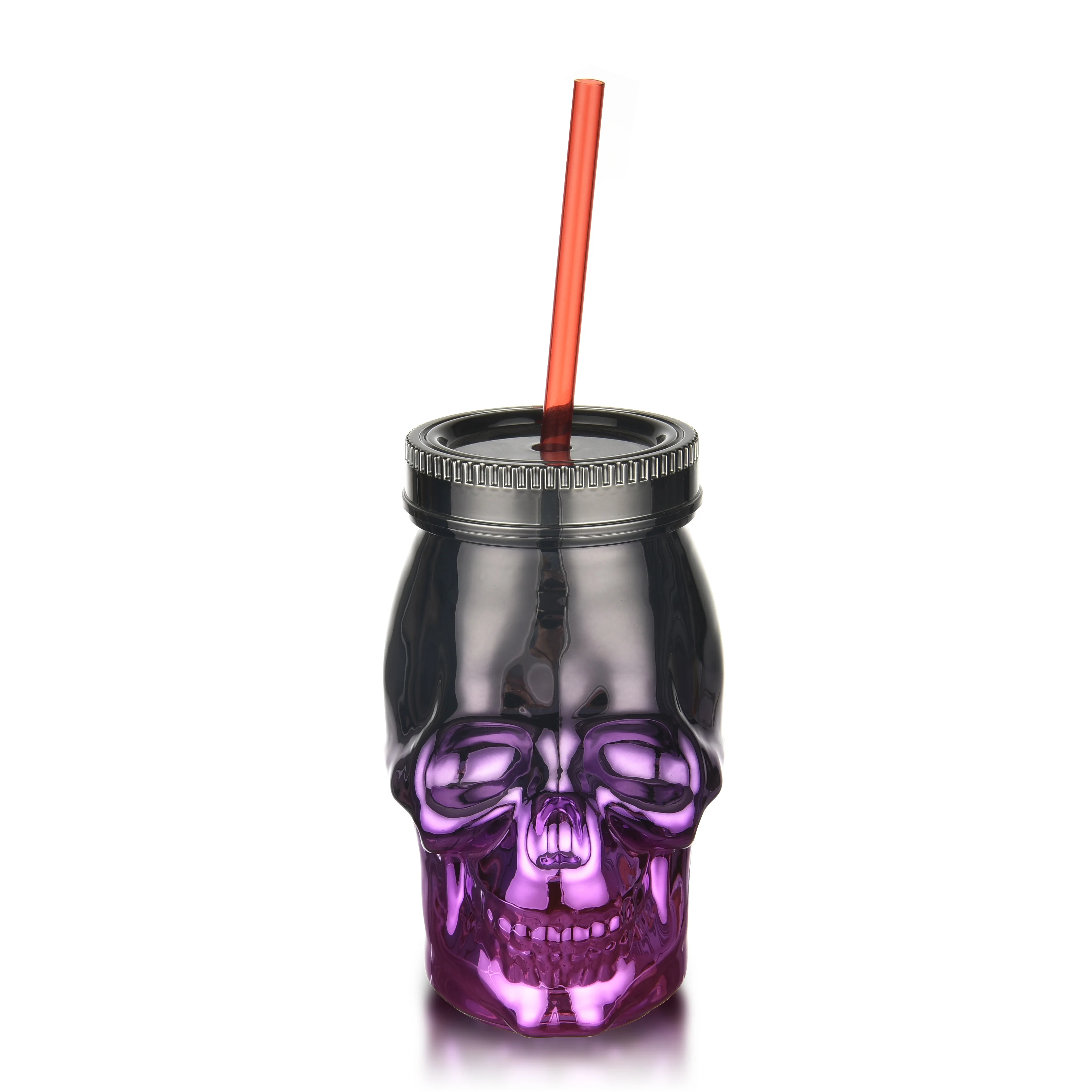 Koi 16 OZ Halloween Skull shape Mason jar Electroplate Tumbler Plastic Cups with Cover and Straw