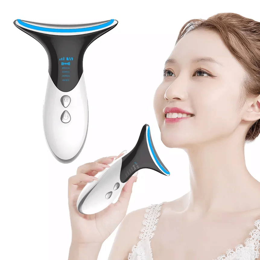 Beauty Massager Neck Face Firming Wrinkle Removal Tool, Double Chin Reducer Vibration Face Massager with 3 Color Modes