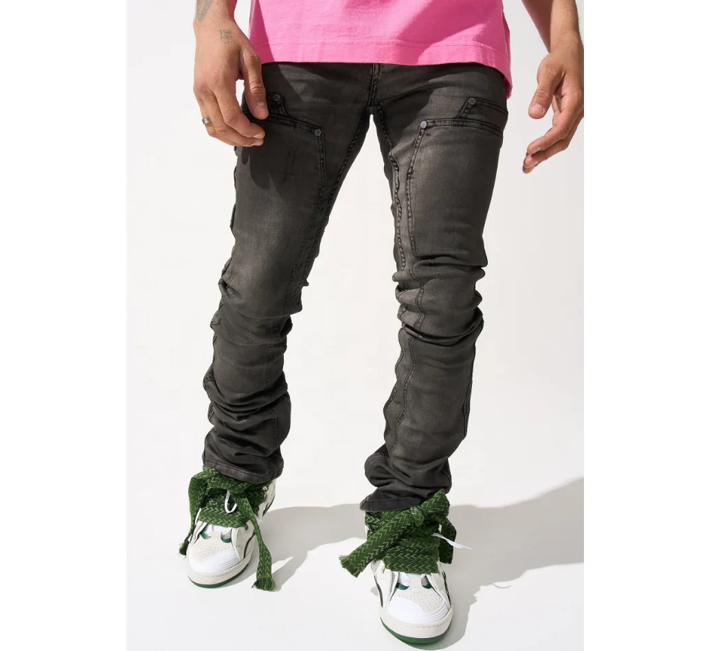 HG black faded wash cargo jeans panels rivers skinny fit flare stacked cargo jeans