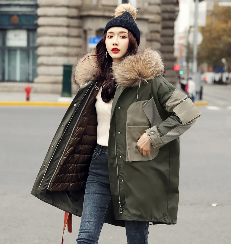 CX-G-D-21A Winter Army Green Women Overcoat Parka Coats Ladies Long Warm Down Coat with Big Real Fox Fur Collar