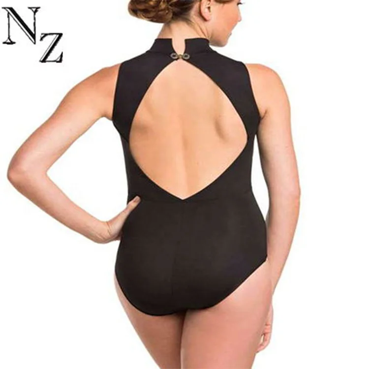 Black Turtle Neck Sleeveless Women Dance Wear Sexy Mesh Leotards Plus Sizes