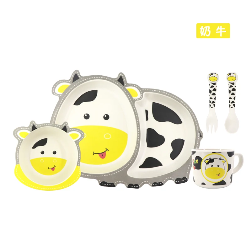 2023 Best Selling biodegradable Cute Animal Design bamboo fiber Children rectangle Tableware Set Kids Dinnerware Plate Set