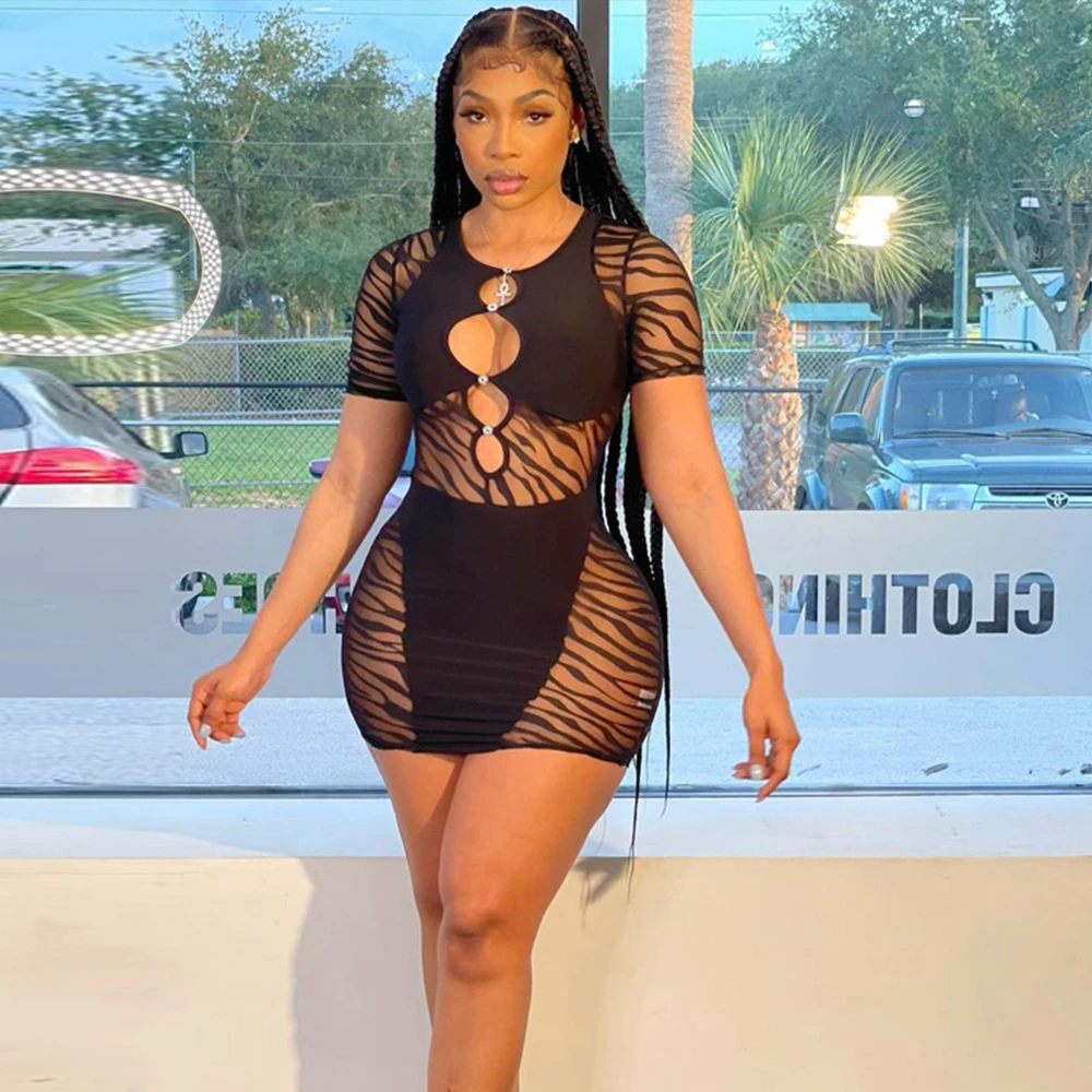 2022 New Summer Mesh Black Dress Sexy Patchwork Cutout Sheer Womens Dresses