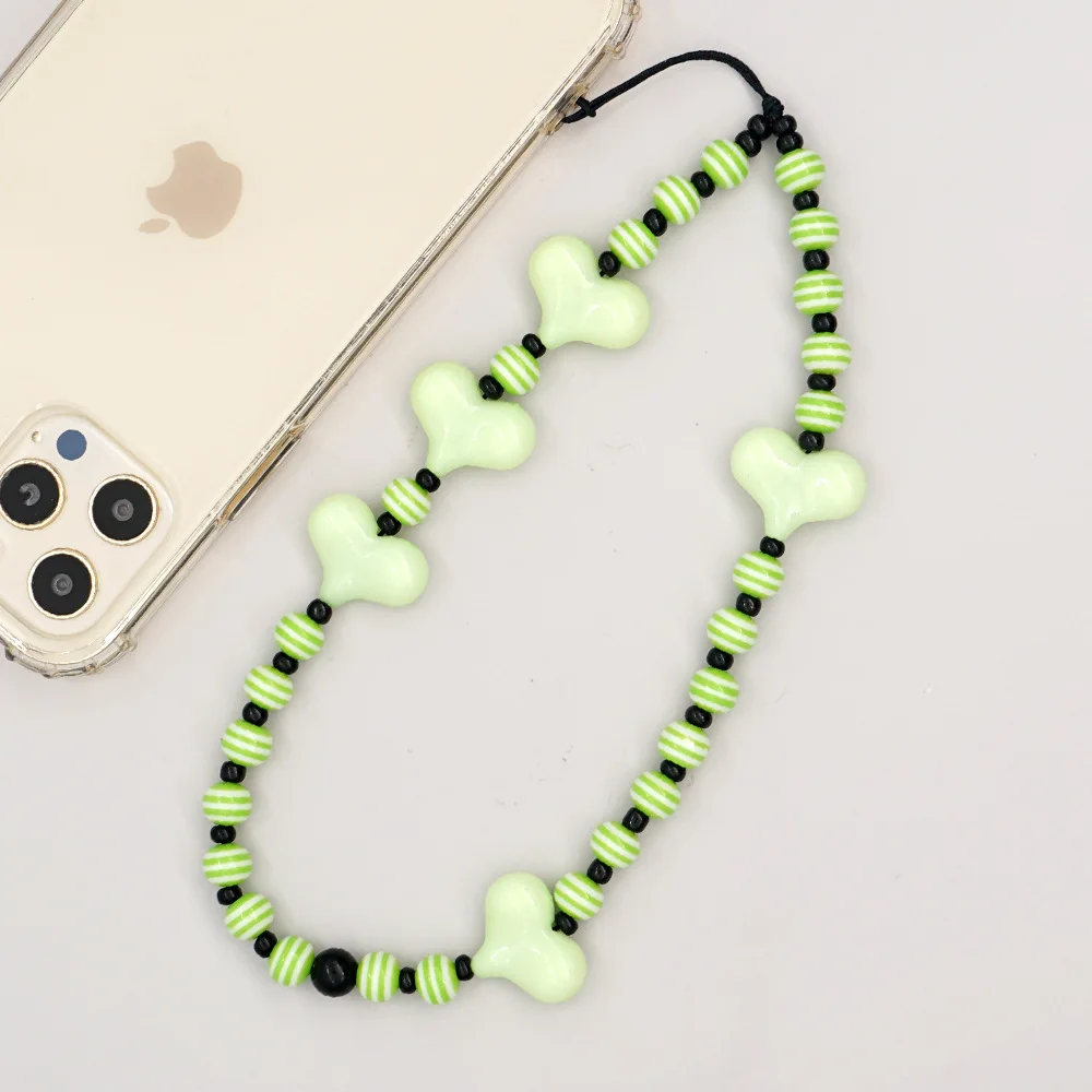 Trending Products 2022 Phone Case Chain Wristlet Cord Colorful Wrist Cell Phone Chain Thick Green Beaded Phone Charm Flatback