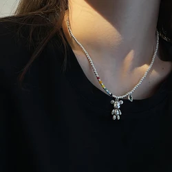 S925 Sterling Silver Colored Beads Love Peace Bear Bracelet and Necklace for women