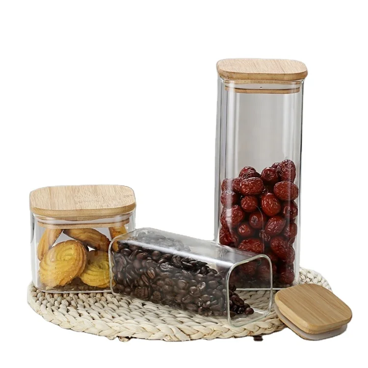 Custom Environmental friendly borosilicate glass Stackable Airtight Square Glass Storage Jar With Wood Lid