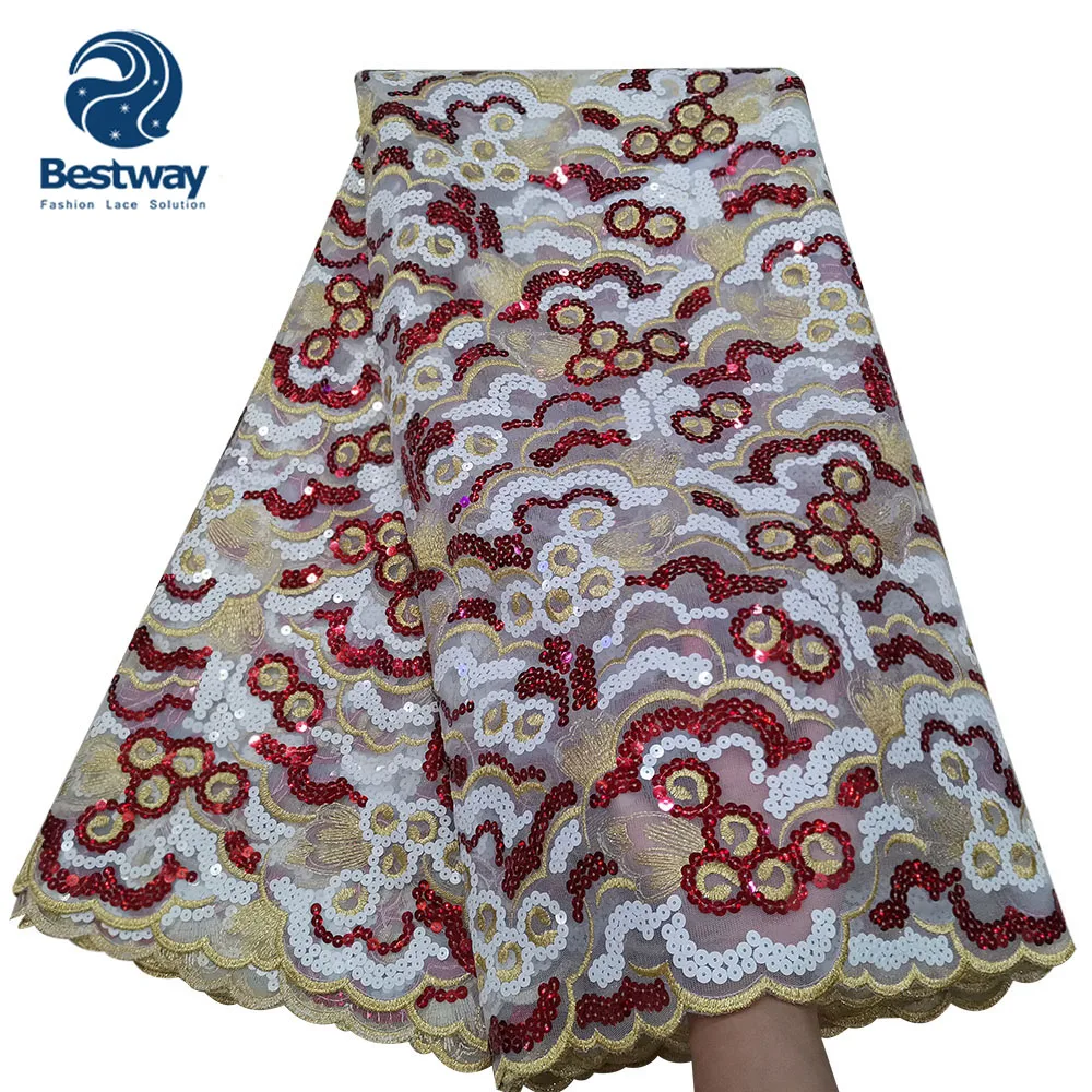 Bestway Sequined Lace Net Fabrics Nigerian Embroidered Lace Fabric for Party Dress