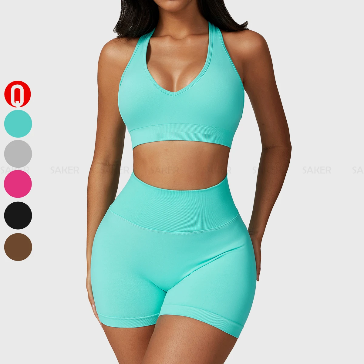 Quick Dry Women Gym Clothes Fitness Yoga Scrunch Bum Shorts Sets Custom Logo Seamless V Neck Sport Bra Workout Set